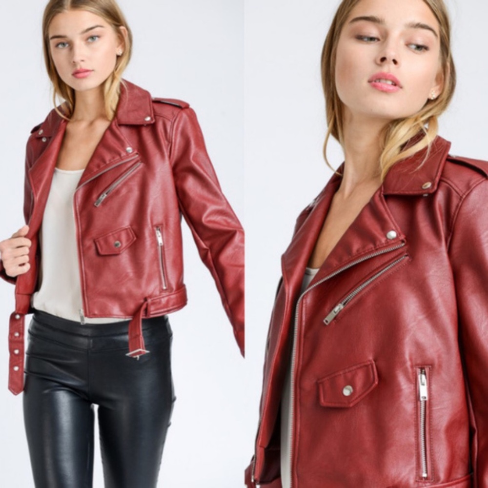 vegan leather WINE biker jacket moto motorcycle - Picture 3 of 3